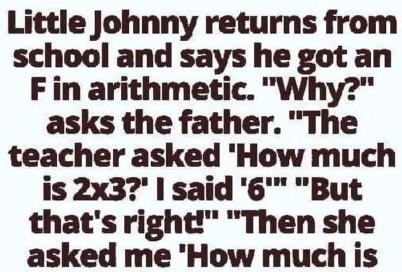 Little Johnny returns from school and says he got an F